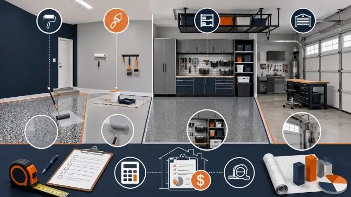 DFW garage remodel cost planning with floor coating, painting, storage, and garage door zones.
