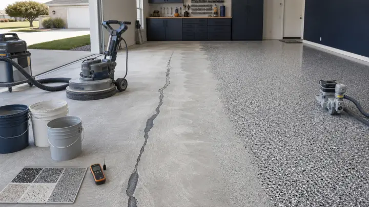 Educational illustration of garage floor coating scope with concrete grinding, crack repair, moisture evaluation, flake samples, and a finished full-flake floor.
